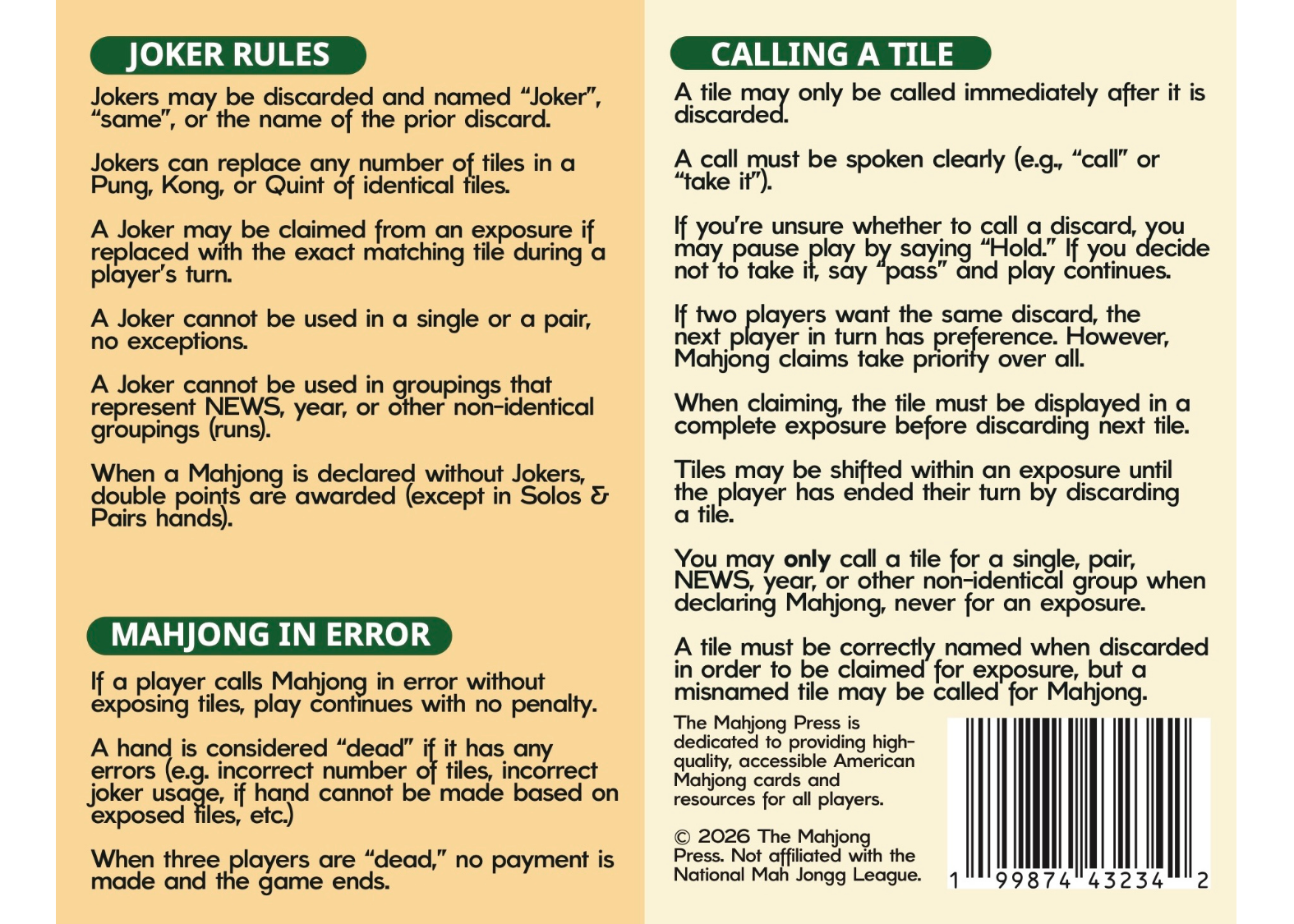 2026 American Mahjong Card – Annual Edition - Tropics Cover