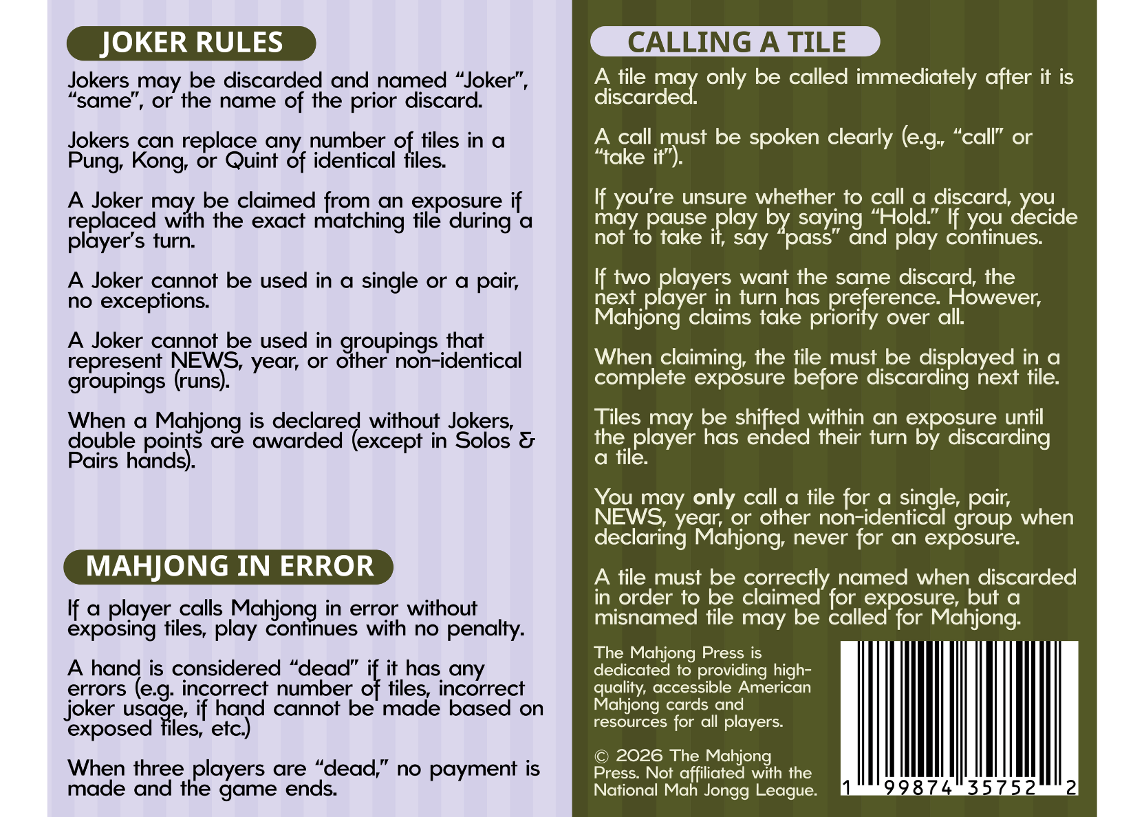 2026 American Mahjong Card – Annual Edition