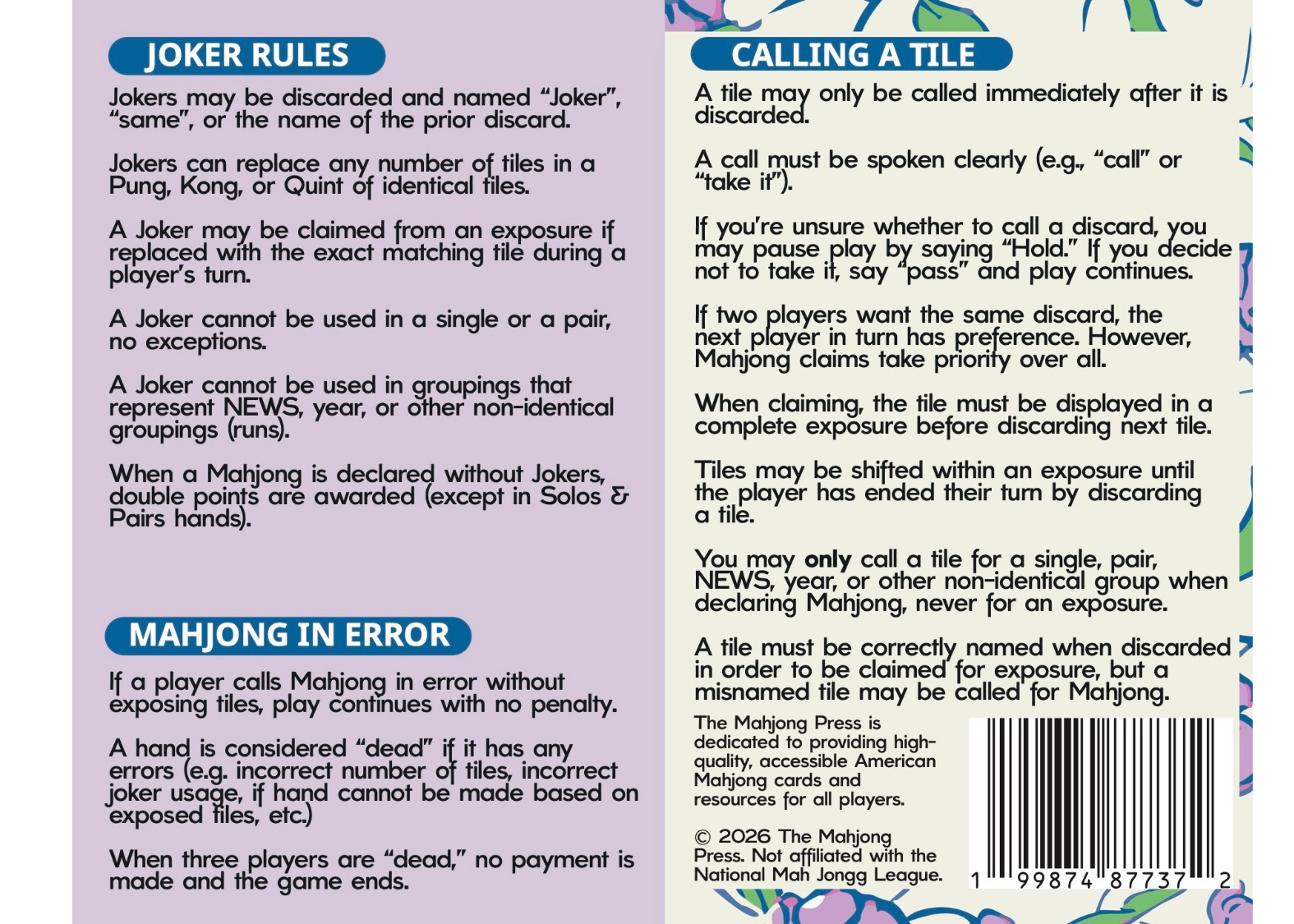 2026 American Mahjong Card – Annual Edition - Classic Cover