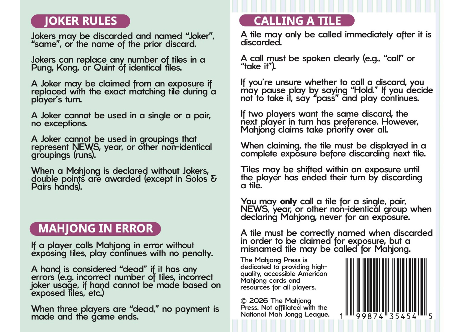 2026 American Mahjong Card – Annual Edition